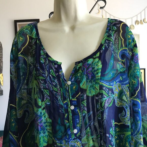 OLD NAVY size XXL Green Blue & Purple Paisley Print Chiffon Popover Blouse Top - Picture 2 of 4